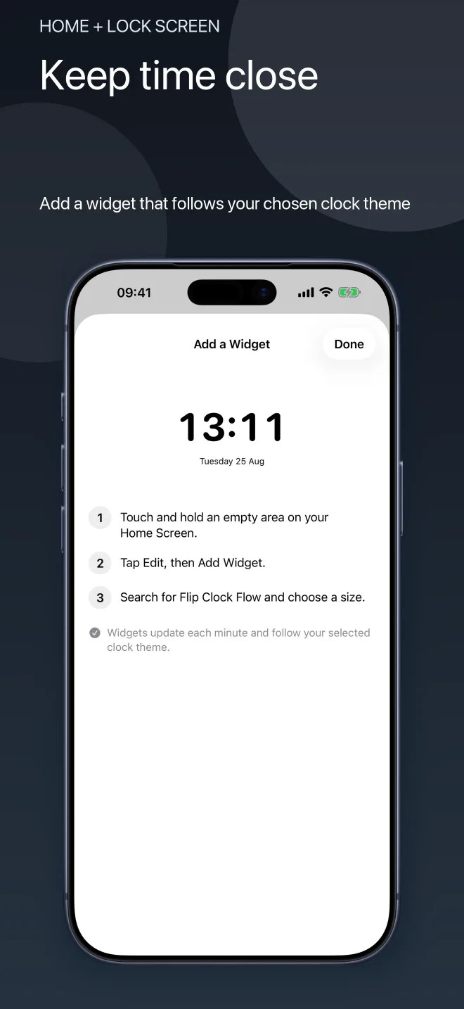 Flip Clock Flow clock widgets on an iPhone Home Screen and Lock Screen